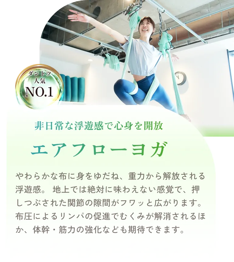 非日常な浮遊感で心身を開放 エアフローヨガ やわらかな布に身をゆだね、重力から解放される浮遊感。 地上では絶対に味わえない感覚で、押しつぶされた関節の隙間がフワッと広がります。布圧によるリンパの促進でむくみが解消されるほか、体幹・筋力の強化なども期待できます。